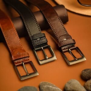 Full-Grain Heavy-Duty Leather Belts with Brushed Solid Buckle (3-Color Pack)